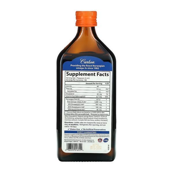 Норвежский рыбий жир Carlson The Very Finest Fish Oil 500 мл апельсин 2956572166 фото