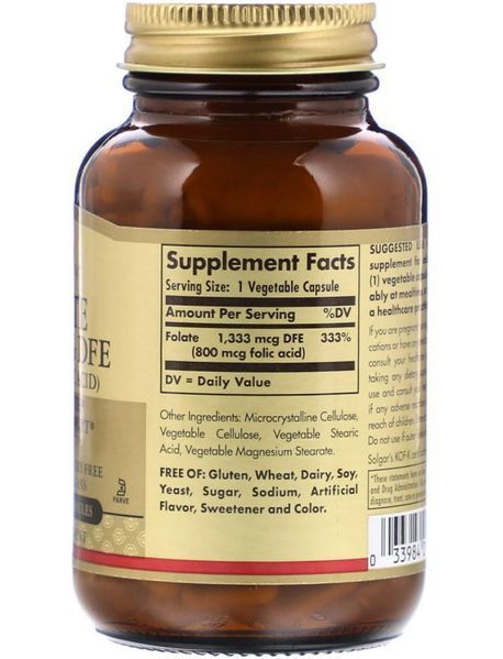 Фолієва кислота (Вітамін В9) Solgar Folate 1333 mcg DFE (Folic Acid 800 mcg) 250 капсул 11722 фото