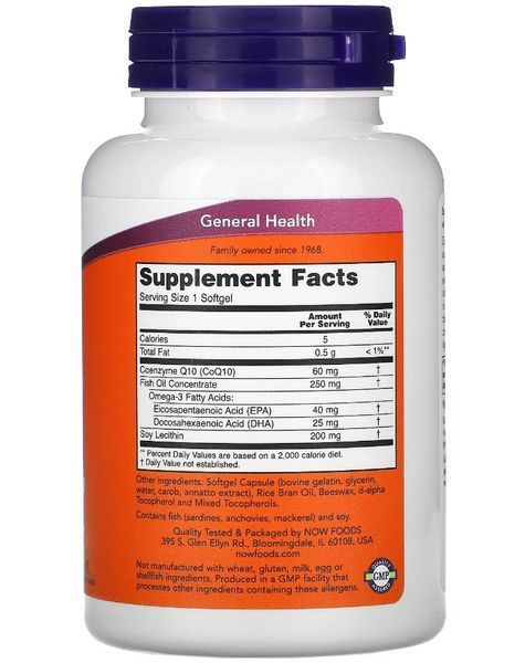 Коензим Q10 плюс Омега 3 Now Foods CoQ10 60 mg with Omega-3 240 гельових капсул Кофермент 18907 фото