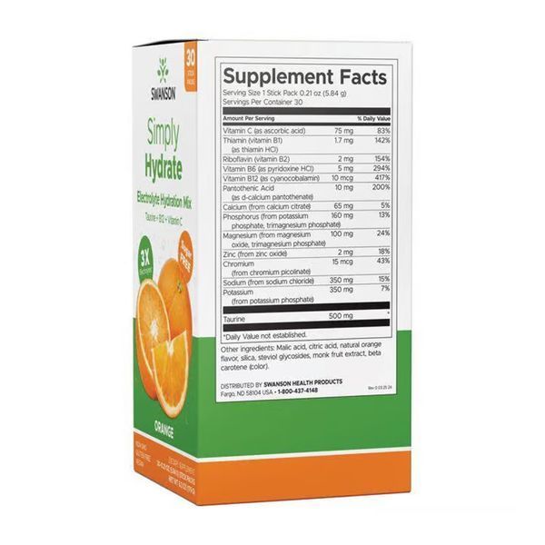 Суміш для гідратації електролітів Swanson Simply Hydrate Electrolyte Hydration Mix 30 пакетів апельсин 2956575290 фото