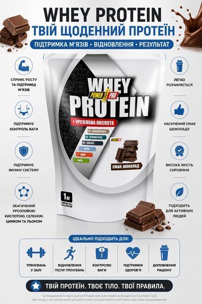 Сироватковий протеїн Power Pro Whey Protein + урсолова кислота 1 кг шоколад 3197440168 фото