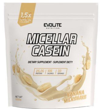 Казеин молока Evolite Nutrition Micellar Casein 1 kg банановый молочный коктель 23575 фото