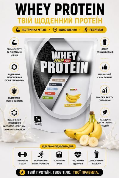 Сироватковий протеїн Power Pro Whey Protein + урсолова кислота 1 кг банановий 3197440169 фото