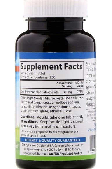 Хелатний цинк Carlson Labs Chelated Zinc 30 mg 250 таб 10904 фото