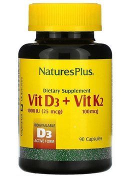 Вітамін Д Natures Plus Vit D3 1000IU (25 mcg) + Vit K2 100 mg 90 caps 19949 фото