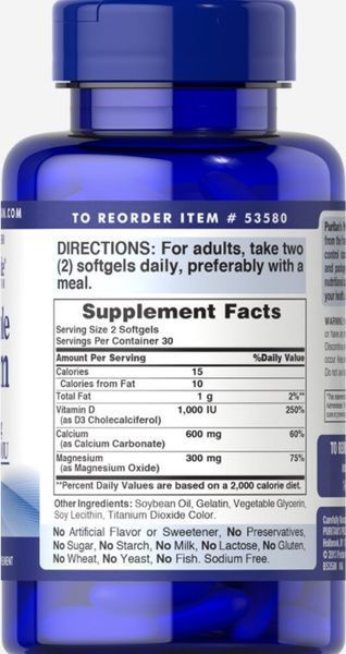Кальцій та вітамін Д3 Puritan's Pride Absorbable Calcium 600 mg Plus Magnesium 300 mg Vitamin D3 25 mc 60 softg 19237 фото