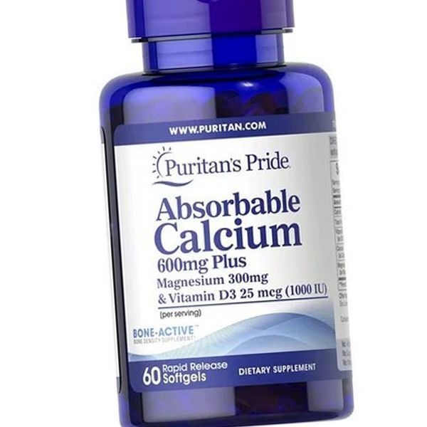 Кальцій та вітамін Д3 Puritan's Pride Absorbable Calcium 600 mg Plus Magnesium 300 mg Vitamin D3 25 mc 60 softg 19237 фото