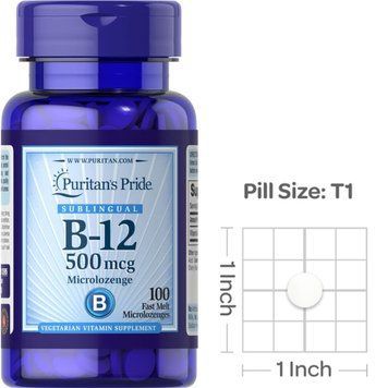 Витамин В12 цианокобаламин Puritan's Pride Vitamin B-12 500 mcg 100 микропастилок 22406 фото