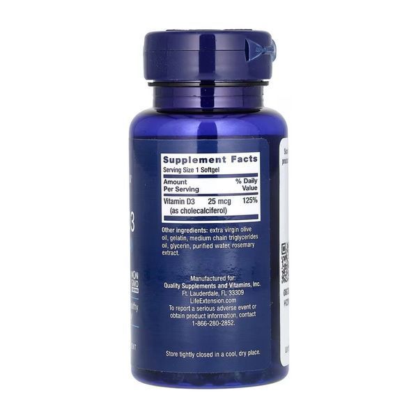 Витамины Life Extension Витаимин Д3 Vitamin D3 25 mcg (1000 IU) 250 гел капс 2956574375 фото