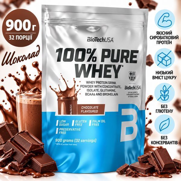Сироватковий протеїн для чоловіків та жінок BioTech 100% Pure Whey 900 гр шоколад 3206091173 фото