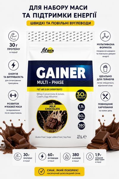 Гейнер для набирання ваги FitWin Gainer Multi-Phase 1500 г Молочний шоколад 3173985090 фото