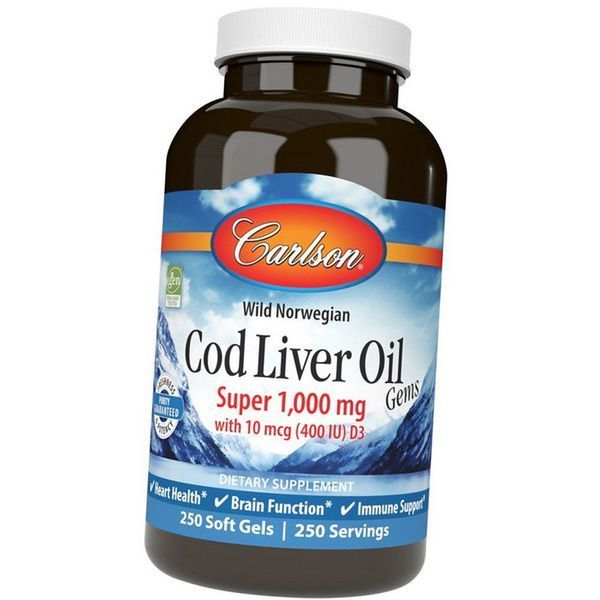 Жир печени трески с Витамином Д Cod Liver Oil Super 1,000 mg With D3 wild norwegian 250 soft gels 20523 фото