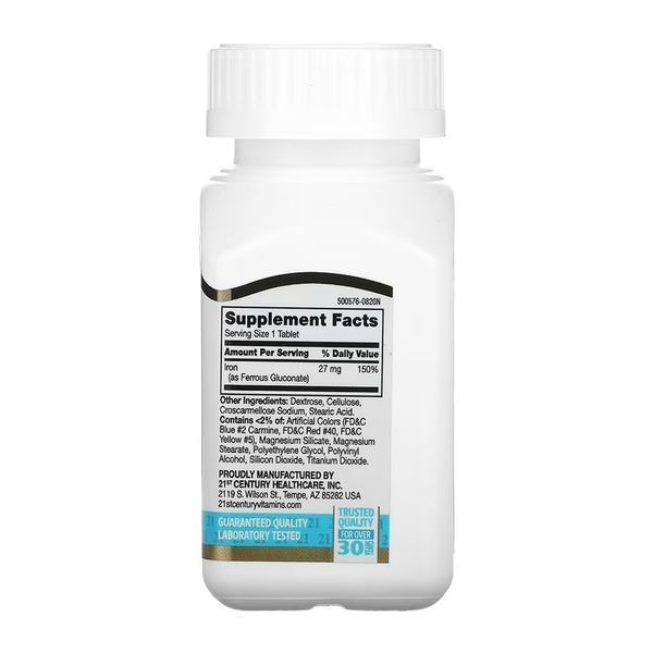 Залізо 21st Century Iron 27 mg Ferrous Gluconate 110 таб 3108184160 фото