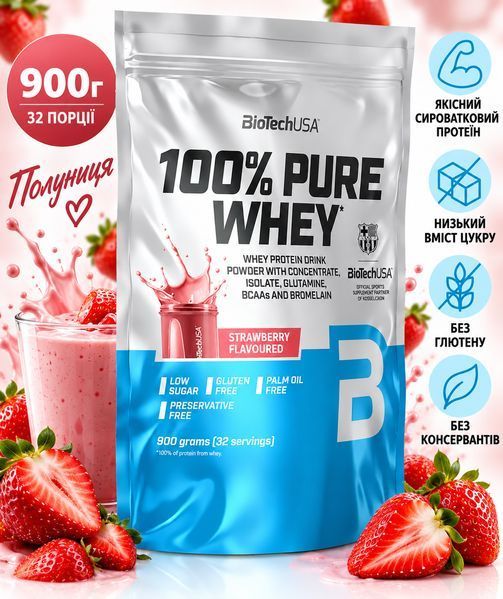 Сироватковий протеїн для чоловіків та жінок BioTech 100% Pure Whey 900 гр полуниця 3206091174 фото