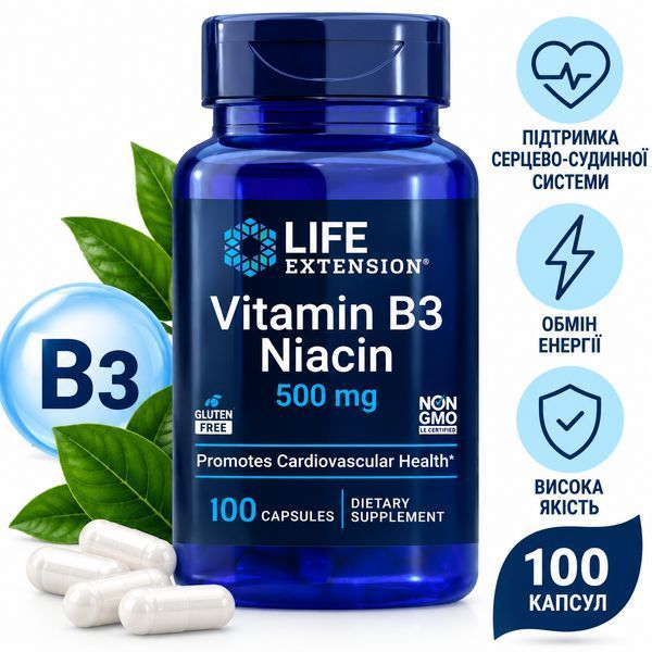 Ниацин витамин B3 для энергетического обмена Life Extension Vitamin B3 Niacin 500 mg 100 капс 3206091124 фото
