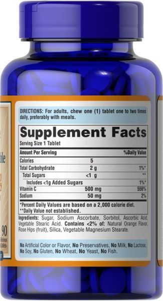 Вітамін С Puritan's Pride Chewable Vitamin C-500 mg with Wild Rose Hips 90 таб 11806 фото