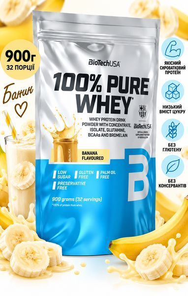 Сироватковий протеїн для набору м'язової маси та схуднення BioTech 100% Pure Whey 900 гр банан 3206091178 фото