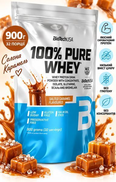 Сироватковий протеїн для чоловіків та жінок BioTech 100% Pure Whey 900 гр солона карамель 3206091179 фото